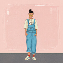 girl in denim overalls. rolled up trousers. printed T-shirt