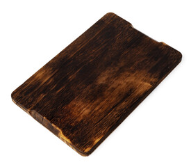 Dark wooden cutting board on white background