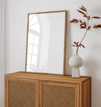 Mockup frame close up in living room interior background, 3d render