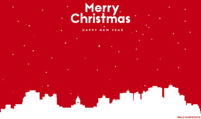 Christmas and new year red greeting card with white cityscape of Belo Horizonte