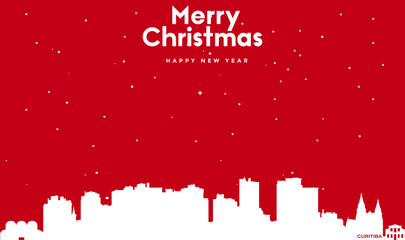 Christmas and new year red greeting card with white cityscape of Curitiba