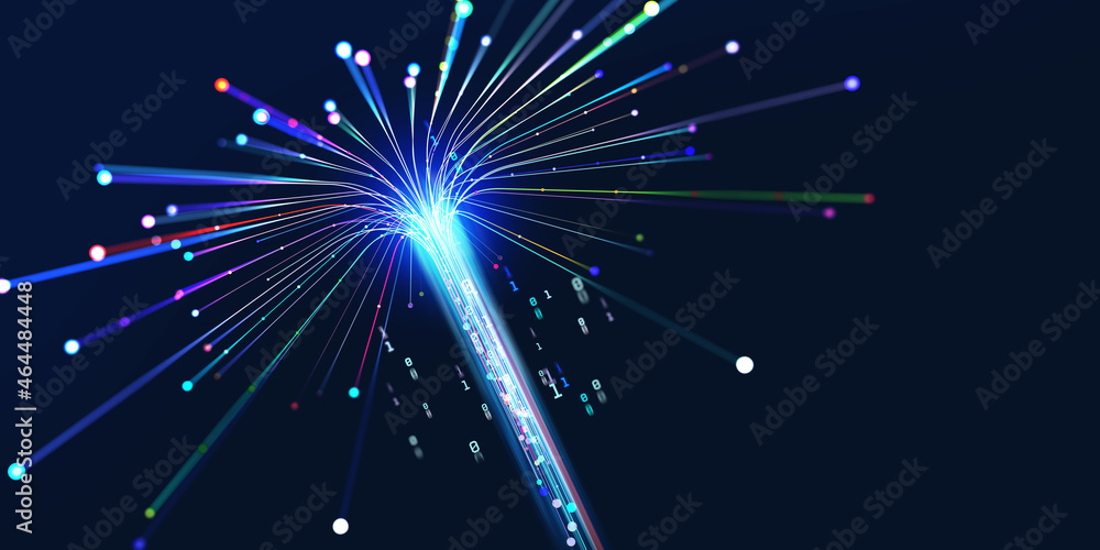 Poster Data flow, information security. Big data. Mind and artificial intelligence. Intertwining streams of coded neural network. 3D illustration of intertwining streams of a coded neural network