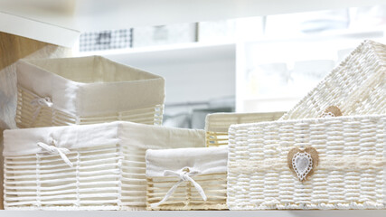 Organization of home space, order, cleanliness and comfort. Household goods storage equipment. Box...