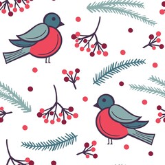 Bullfinches with rowan berries and fir branches seamless pattern. Winter background with birds and botanical elements. Template for wallpaper, packaging, fabric, vector illustration.