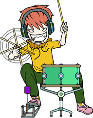 man play snare drum with fun feeling cartoon vector