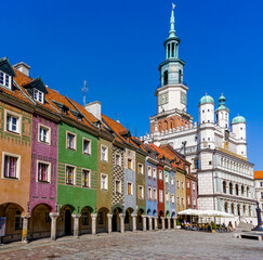 view of the colorful Renaissance architecture buildings on the old market square of Poznan with...