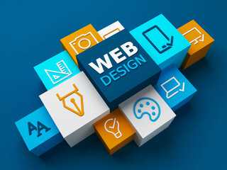 3D render of perspective view of WEB DESIGN concept with symbols on colorful cubes on dark blue background