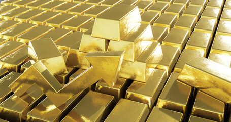 Fototapeta premium infinite rows of Gold bars with Golden growth chart arrow. Success or getting rich concepts, 3d render