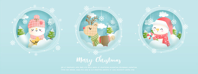 Merry Christmas, Christmas card, banner with vintage snowman. 