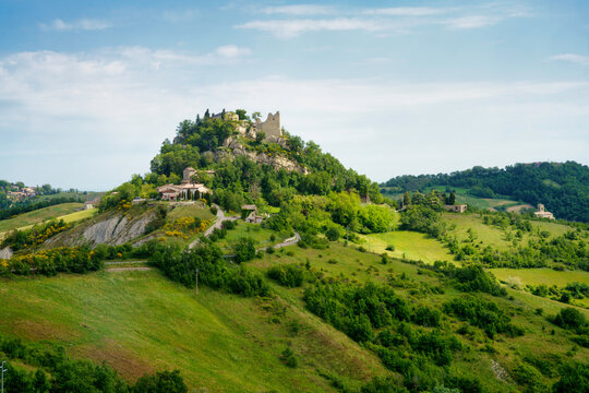 Rural landscape near San Polo and Canossa, Emilia-Romagna. Castle