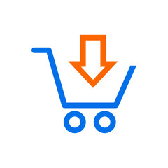 Add to cart. Logotipo con silueta de carrito de la compra con flecha con lineas en color azul y naranja