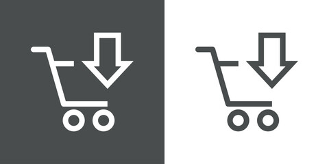Add to cart. Logotipo con silueta de carrito de la compra con flecha con lineas en fondo gris y fondo banco © teracreonte