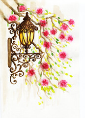 Watercolor poster vintage street lamp on the wall surrounded by branches.Perfect for a greeting card, for a baby shower, for needlework and hobbies.