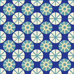 Abstract stylized sun and star shapes seamless vector pattern background. Azulejo style backdrop with ancient Egypt inspired celestial motifs, blue and white. Geometric repeat for packaging, travel