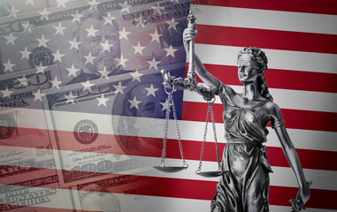 Law and justice, USA flag and USD currency concept
