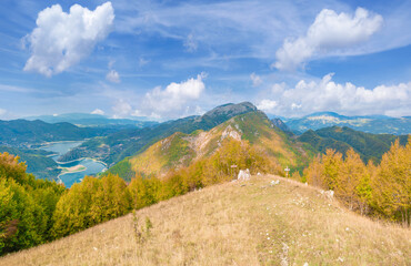 Paganico Sabino (Italy) - A view of Natural reserve of Navegna and Cervia mounts, with Turano lake, during the autumn foliage; province of Rieti, Sabina area.