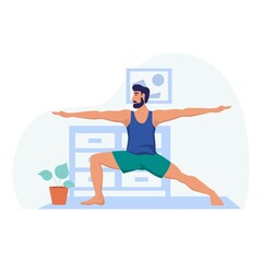 A young man does yoga and stands in a warrior's pose. Sports at home, yoga, healthy lifestyle. Flat cartoon vector illustration.