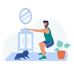 A young man does squat exercises. Sports at home, healthy lifestyle. Flat cartoon vector illustration.