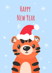 New Year 2022. Tiger wearing santa hat. Christmas card with Cute tiger animal. Hand drawn characters. Happy New Year lettering. Greeting flyers. Vector illustration.