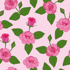 pink rose pattern. vintage pink isolated rose or roses in summer spring autumn garden with green leaves for fabric, textile, dress, paper, clothing, stationary, kimono, pajamas, etc.