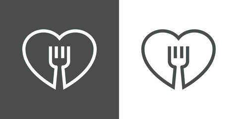 I love food. Cubiertos en corazón. Logotipo con silueta de tenedor en corazón con lineas en fondo gris y fondo blanco