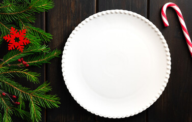 White plate on dark wooden background, copy space