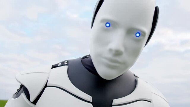 Future is now. Portrait of futuristic blue robo droid cybernetic farm worker. Smart agriculture assistant cyborg ai robot farmer on rural field. Robotics industry. Artificial intelligence