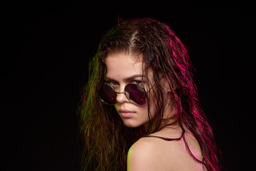 sexy woman hairstyle fashion naked shoulders makeup studio lifestyle