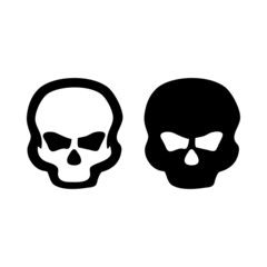 Icono plano conjunto de calaveras humanas con relleno y lineas para su uso en Halloween y en señales y símbolos en color negro