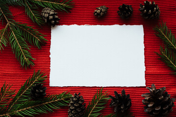 Fototapeta na wymiar Christmas invitation set with card mockups. Paper blank, fir tree branches, cones on a red background.Christmas, winter, new year concept