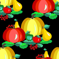 Vector - pumpkin with apples, pears and berries. 
Seamless pattern.