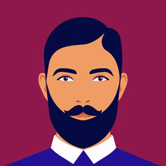 Abstract male portrait, face side view. Stock vector illustration in flat style
 Head of bearded man in profile. Portrait of bearded brunet man. Avatar of stylish businessman for social networks. 