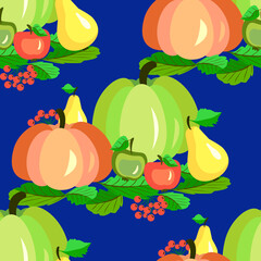 Vector - pumpkin with apples, pears and berries. 
Seamless pattern.