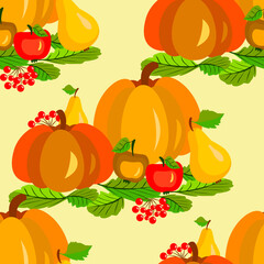 Vector - pumpkin with apples, pears and berries. 
Seamless pattern.
