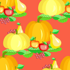 Vector - pumpkin with apples, pears and berries. 
Seamless pattern.