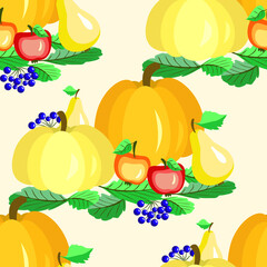 Vector - pumpkin with apples, pears and berries. 
Seamless pattern.
