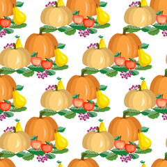Vector - pumpkin with apples, pears and berries. 
Seamless pattern.