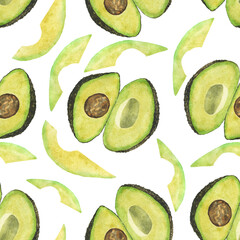 Watercolor avocado sliced Hass in seamless pattern on white background. Hand drawing illustration. Design for fabric or food decoration.