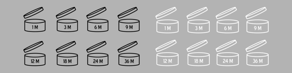  Cosmetic open month life. Expiration period symbols collection. Best before date PAO vector icons.