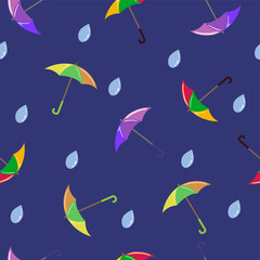 seamless pattern umbrellas with raindrops on blue background