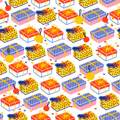 Seamless pattern with Christmas gifts and baubles.