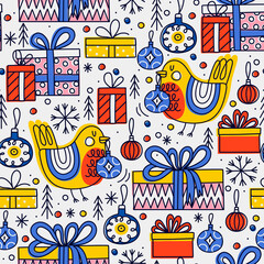 Seamless pattern with Christmas baubles, gifts and birds.