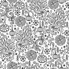 Cartoon vector doodles hand drawn New Year and Christmas seamless pattern. Great for fabric, textile, wrapping paper. Vector Illustration