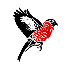 Winter vector Christmas card. Flying bullfinch. Vector illustration