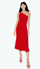 Girl in a red dress and sandals. Black loose hair. Vector flat illustration. Attractive dava in a long dress. Design for cards, posters, backgrounds, avatars, templates.