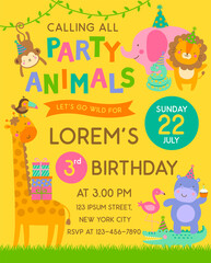 Colorful cute safari cartoon animals with copy space for kids party invitation card template.
