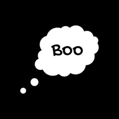 Happy Halloween greeting card vector illustration, Boo! with flying ghost and spider web on orange background.	