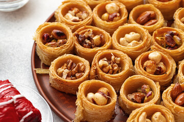 Close up of delicious baklava at a hotel buffet