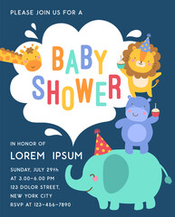 Cute safari cartoon animals with copy space for kids party invitation card template.
