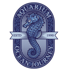 "Aquarium Ocean Journey" - label design. Vector illustration in engraving technique of sea horse and lettering. © Sergj